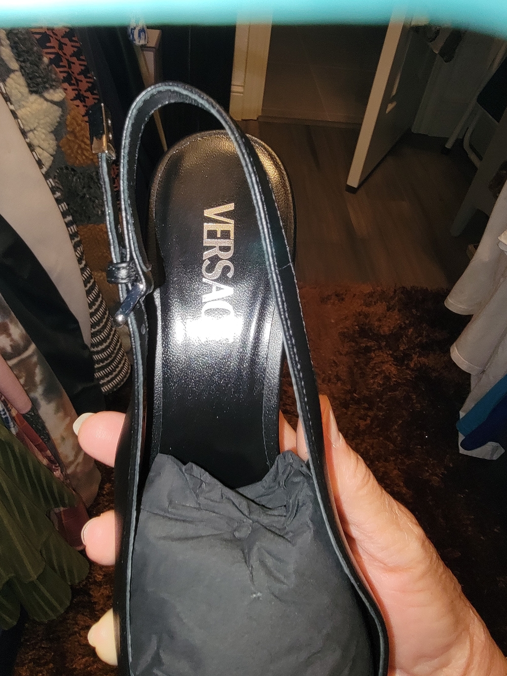 Versace Black Leather Slingback Mules with Gold Logo Insole